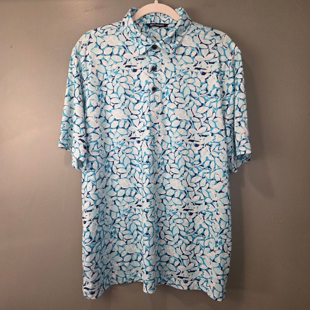 Cutter & Buck Men's Pike Polo Petal Print Blue White Sun Protection Size L